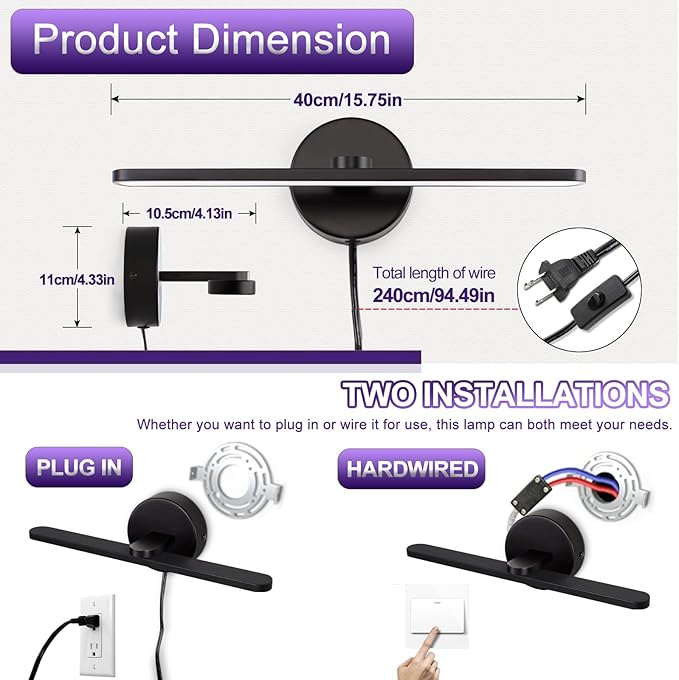 15.75" Plug in Bathroom Light Fixtures Modern Black Vanity Lights Over Mirror, 3000k Warm Light Non-Dimmable 12w Picture Light Led Wall Lights for Bedroom,Art,Poster,Gallery,Paintings
