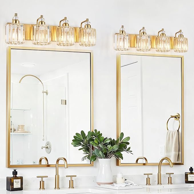 4-Light Brushed Brass Bathroom Light Fixtures Modern Vanity Lights Over Mirror Gold Bathroom Vanity Lighting with Crystal Shade E26 Base Wall Sconce for Bedroom Living Room Restroom Wall Lamp