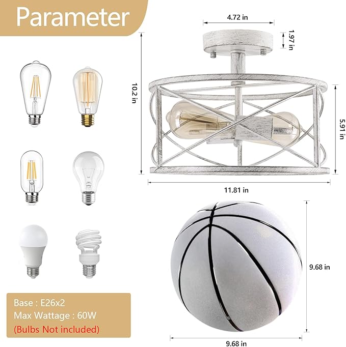 White Semi Flush Ceiling Light Fixture, 2-Light Farmhouse Flush Mount Light Fixtures, Modern Industrial Metal Cage Pendant Lighting for Hallway, Bedroom, Kitchen, Foyer, Living Room, Dining Room