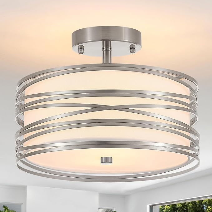 Drum Semi Flush Mount Ceiling Light Fixture, Chrome Matal & Linen Fabric Shade Ceiling Light, Modern Farmhouse Close to Ceiling Light for Bedroom, Hallway, Entryway, Dining Room, Laundry Room