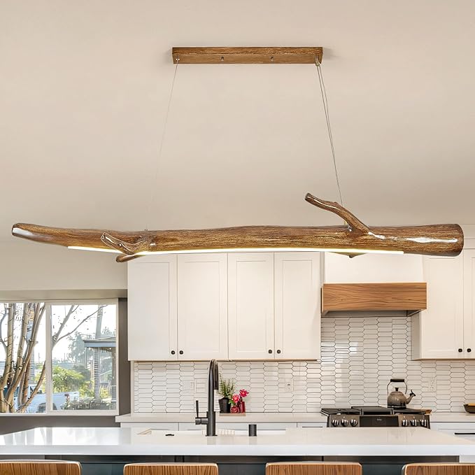 63in Wood Linear Pendant,Modern Dimmable Hanging Light Adjustable Kitchen Island Linear Chandelier for Dining Room Pool Table Light