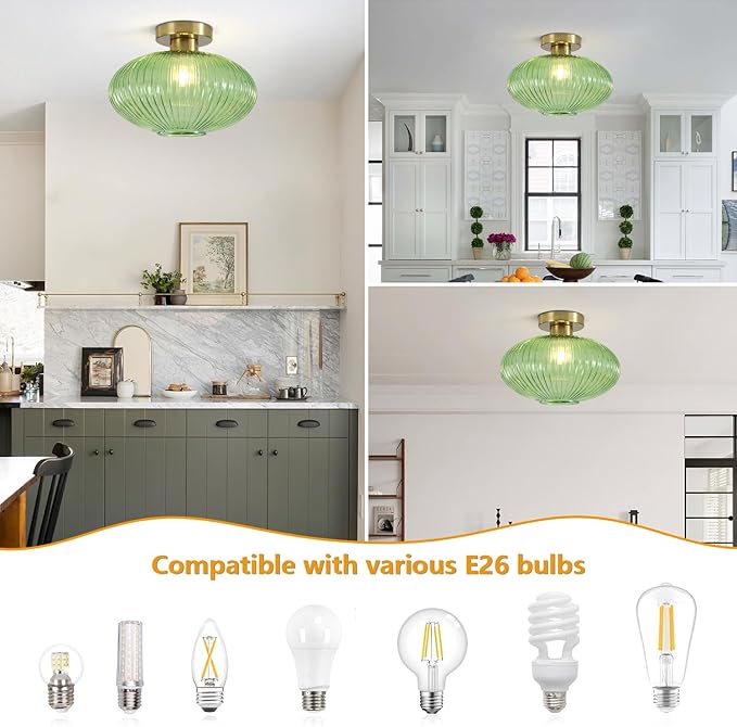 BOKT Green Stripe Glass Semi Flush Mount Ceiling Light 1-Light Mid-Century Modern Close to Ceiling Light Kitchen Ceilings Light Fixture E26 Glass Ceiling Lamp for Bedroom Hallway