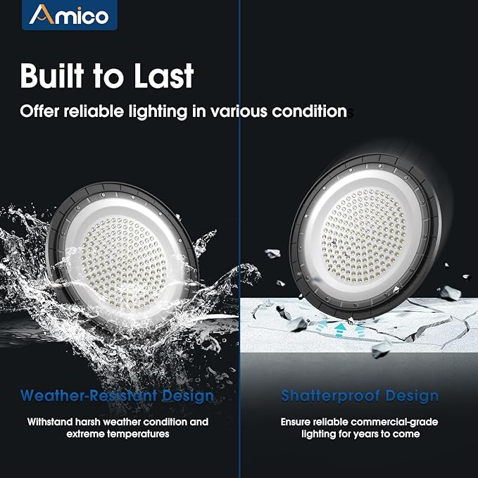 Amico 6 Pack UFO LED High Bay Light 200W 28,000lm 5000K with UL Listed US Hook 5' Cable Alternative to 650W MH/HPS for Gym Factory Barn Warehouse Lighting Fixture