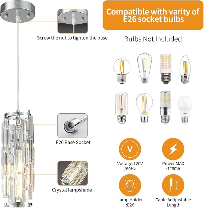 LMQNINE Pendant Lights Modern Chrome Pendant Light Mini Crystal Chandelier Pendant Lighting for Kitchen Island Dinning Room Bedroom Kitchen Sink Lighting (Chrome 3-Pack)
