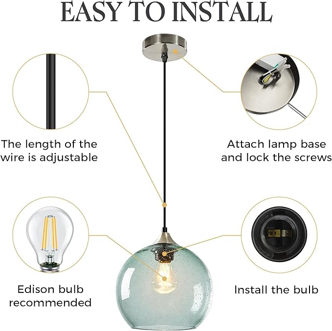 9.1in Large Light Green Glass Pendant Light for Kitchen Island, 3-Pack with Extra LED Bulbs & 4.92ft Adjustable Cord | Modern Minimalist Lighting for Dining Room, Living Room, Entryway