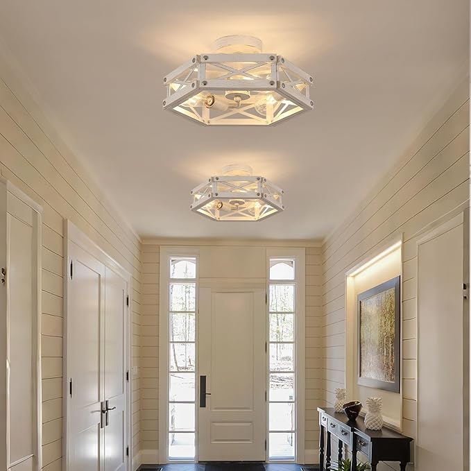 2 Pack 3-Light Modern Farmhouse Wood Flush Mount Ceiling Light Fixture Rustic Distressed Wood and Metal Cage Semi Flush Mount Ceiling Light for Hallway Entry Bedroom Farmhouse, Antique White