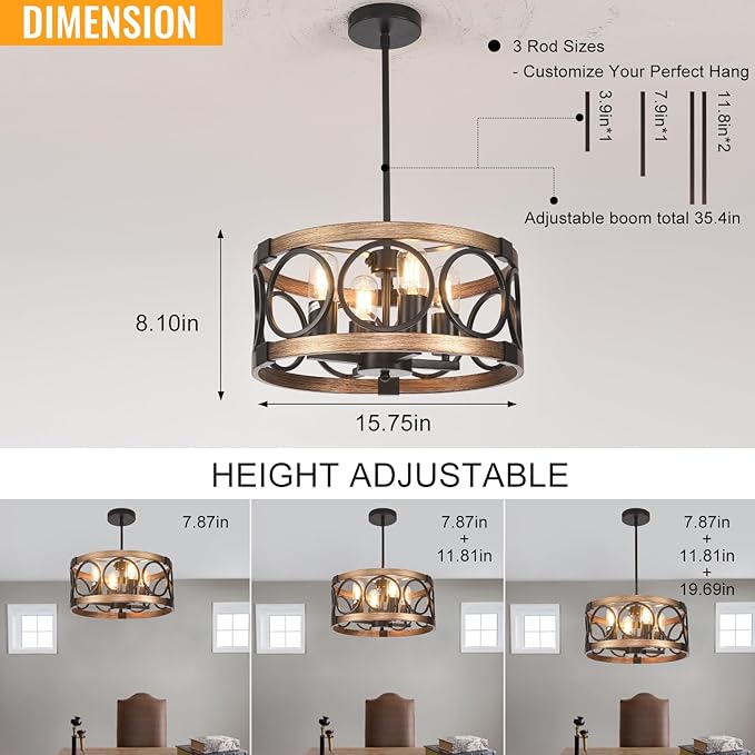 4-Light Semi Flush Mount Ceiling Light Fixture,17.71" Black Light Fixtures Ceiling Mount Kitchen Lighting Fixture Rustic Drum Chandelier Ceiling Haning Pendant Light Fixture