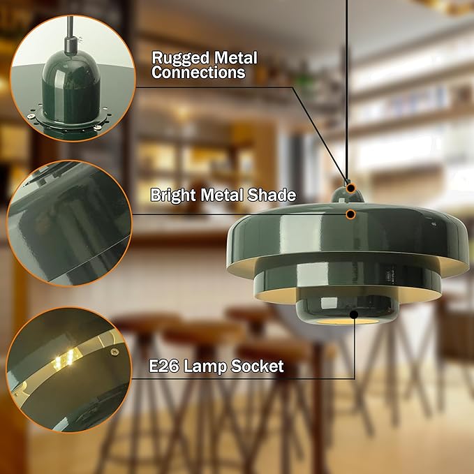Plug-in Green Pendant Light Fixtures, 16FT Hanging Lights with Plug in Cord 3-Layer Shade Mid Century Modern Hanging Lamp Pendant Lighting for Bedroom Dining Room Living Room