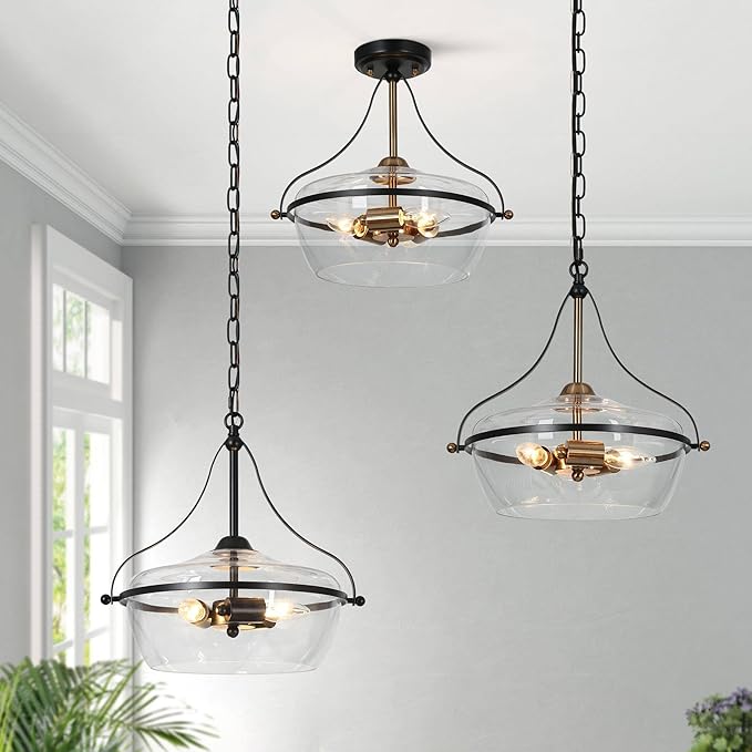 KSANA Modern Semi Flush Mount Ceiling Light, 3-Light Black and Gold Close to Ceiling Fixture with Clear Glass and Electroplated Brass Accents for Hallway, Bedroom, Kitchen, or Entryway