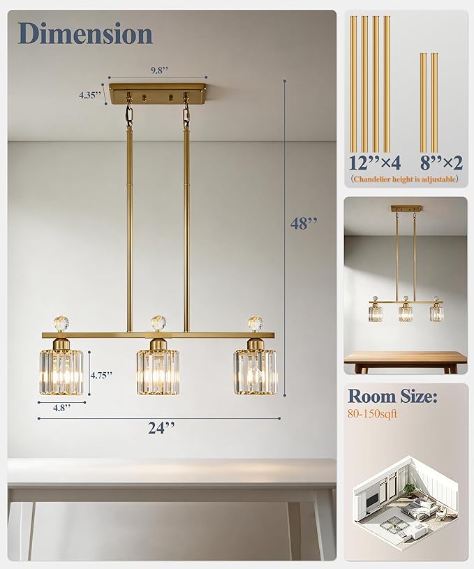 Crystal Island Light for Kitchen Over Table,Gold Linear Pendant Light for Dining Room Light Fixture,3-Lights Ceiling Hanging Chandeliers Dining Room Lighting Fixture with Luxury Crystal Shade