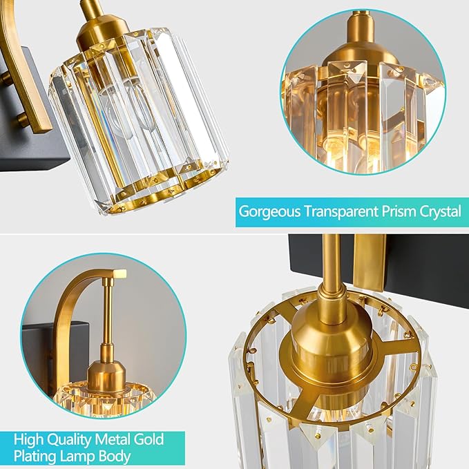 Bathroom Crystal Vanity Lights 2-Light Black Gold Wall Lamp Modern Crystal Bathroom Light Fixtures Over Mirror 13.77" Long Wall Sconce