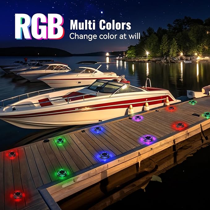 Solar Driveway Lights Outdoor 4 Pack, RGB Colors Solar Deck Dock Lights Outdoor Waterproof IP68, 3 Dynamic Light Modes, Driveway Marker for Warning Stair, Boat Dock, Step, Walkway, Patio Decor