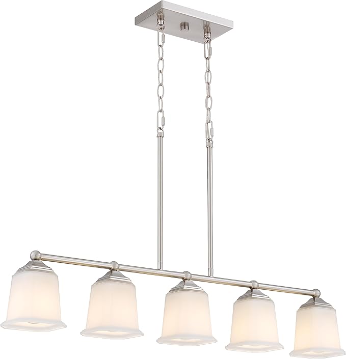 Tawson Nox Vintage 5-Light Chandelier Island Pendant Light with Brushed Nickel White Glass for Dining Room, Kitchen Island, Industrial, Vintage Decor