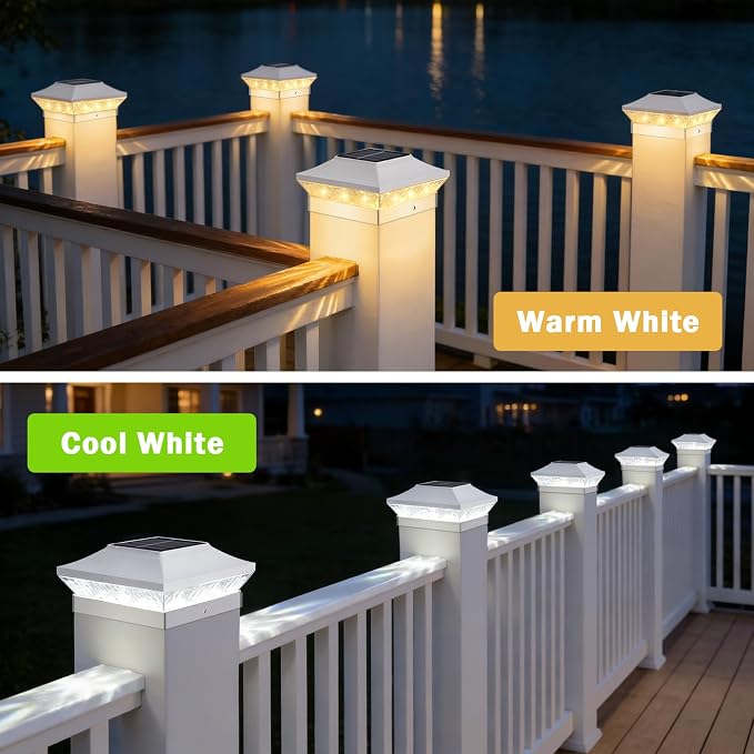 Brightever 4x4 3.5x3.5 Solar Post Cap Lights Outdoor, 12-Pack Solar Fence Post Lights for Wooden/Vinyl Posts, 2 Modes (Warm/Cool White), Solar Powered Waterproof Deck Post Lights for Patio, White