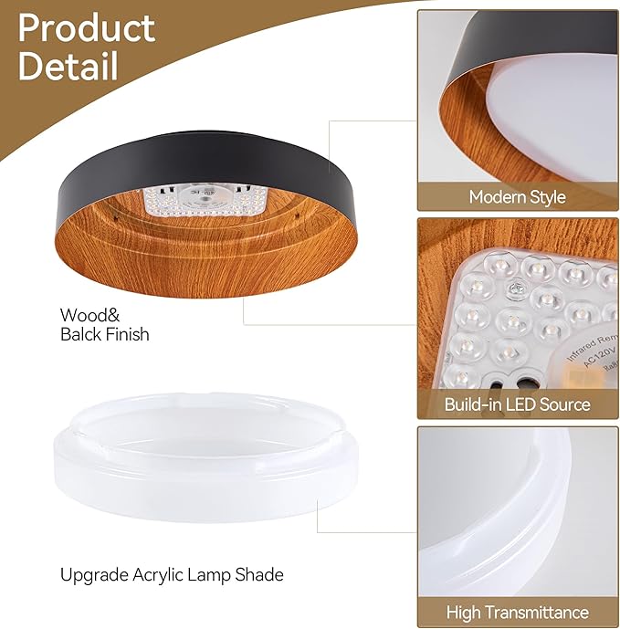 12 Inch LED Flush Mount Ceiling Light with Remote, 18W Flush Mount Light Fixture in Black and Wood Finish, Dimmable Ceiling Light for Bedroom, Hallway, Entryway, Bathroom, Kitchen