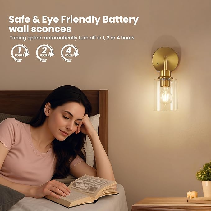 Epinl Battery Operated Wall Sconce Set of Two - Dimmable Wireless Sconces Set of 2 with Remote Control, Cordless Rechargeable Gold Wall Lights 3000K Modern Wall Lamp for Bathroom Bedroom Living Room