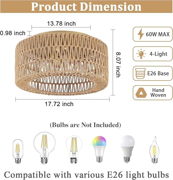 Rattan Light Fixtures Ceiling Mount,4-Lights Boho Flush Mount Ceiling Light with Hand-Woven Shade, 18''Rattan Farmhouse Chandelier for Hallway Bedroom Kitchen Farmhouse Foyer Entryway (Gold)