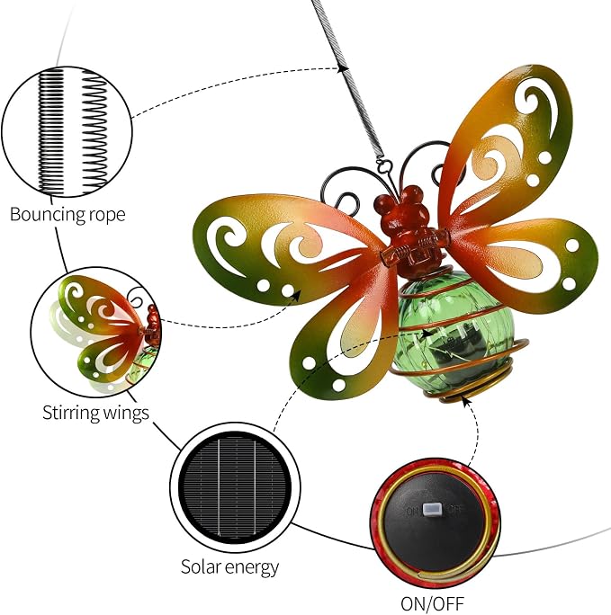 Butterfly Garden Decor with Bouncy Springs Pendant Lights Birthday Gifts for Women Mom Grandma,Hanging Solar Lights Outside Waterproof Metal Solar Outdoor Decoration for Yard, Porch,Patio,Backyard