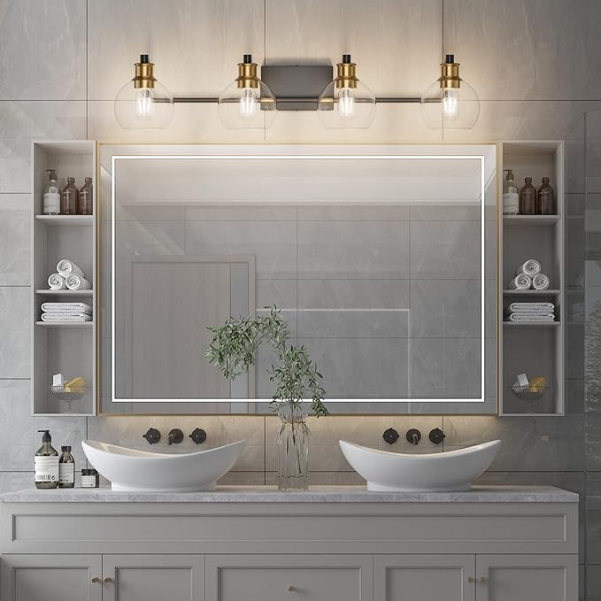 Tipace Industrial Bathroom Vanity Lighting Fixtures 4-Lights Vintage Black & Brass Finish with Globe Clear Glass Vanity Lights Farmhouse Bath Lighting(Exclude Bulb)