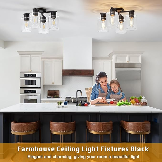 YYT Semi Flush Mount Ceiling Light Black 4-Light Kitchen Ceiling Light fixtures Kitchen Lighting Fixtures Cieling with Glass Shade for Bedroom Foyer Dinning Room