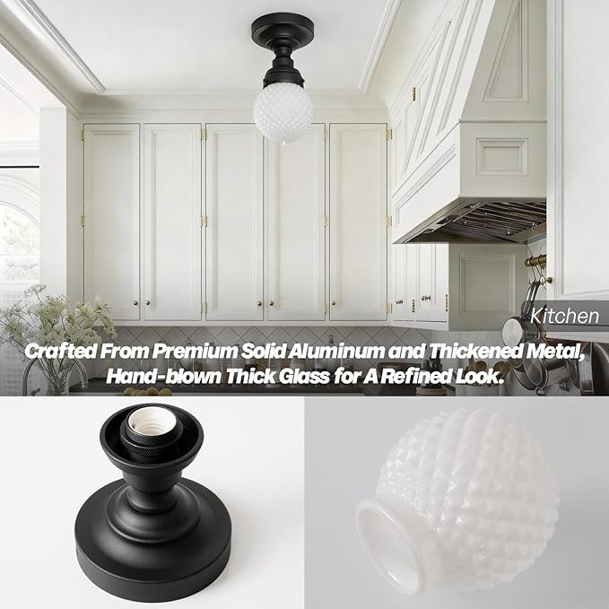 Modern Schoolhouse Semi Flush Mount Ceiling Light,Black Close to Ceiling Light Fixtures with Milky White Globe Glass Hallway Light Fixtures for Laundry Entryway Kitchen Bathroom E26