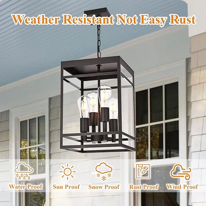 VINLUZ 4-Light 16" Outdoor Pendant Light with Adjustable Chain, Oil Rubbed Bronze Outdoor Hanging Light Fixture, Exterior Hanging Lantern Chandelier for Entryway Patio Garden