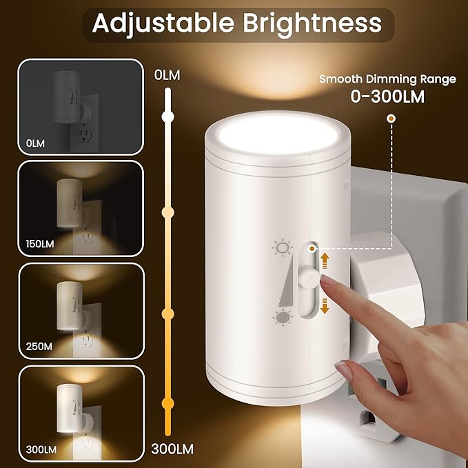 LED Plug-in Wall Night Light with Dimmable 0-300 Lumens, 2700K Warm White, Auto On/Off Light Sensor & Adjustable Head for Hallway, Stairs, Bedroom,2 Pack