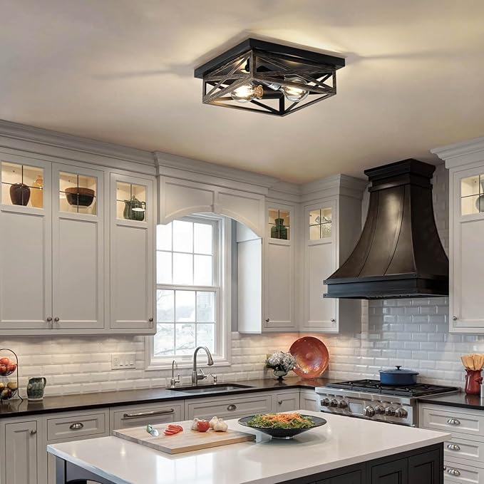 Rustic Flush Mount Ceiling Light Fixture, Modern Farmhouse Light Fixture, Kitchen Hallway Light Fixtures for Bedroom,Dining Room Entryway,Industrial Metal Cage Ceiling Light
