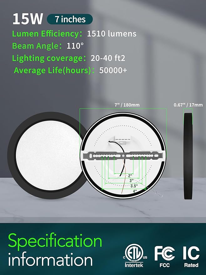 zouzai 7 Inch Low Profile Round LED Flush Mount Ceiling Light, 15W 1510LM, 5CCT 2700K/3000K/4000K/5000K/6000K, Dimmable, Surface Mounted, Modern Indoor Lighting for Bedroom, Hallway (Black, 12Pack)