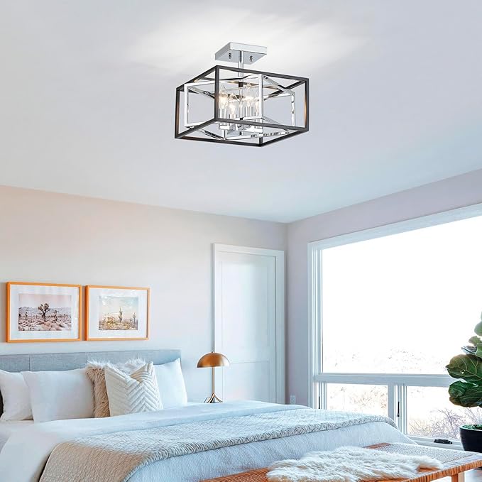 AGV LIGHTING CL055C Modern Semi-Flushmount Ceiling Light Fixture, Square Ceiling Light, E12 Base 4-Lights, L12 x W12 x H10, Matte Black & Chrome Finish