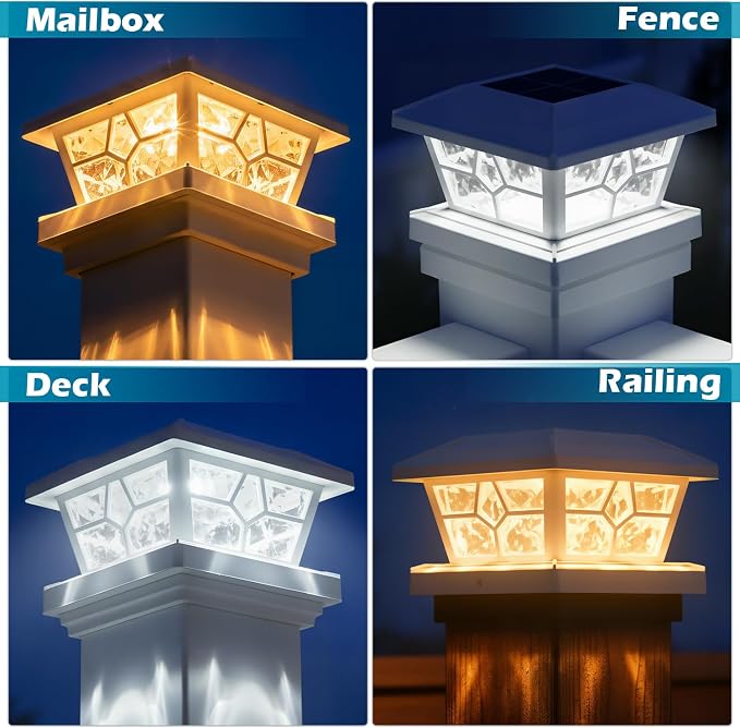 SIEDiNLAR Solar Post Lights Outdoor 6 Pack 4 Modes 40 LEDs Deck Fence Post Cap Light for 4x4 5x5 6x6 Vinyl/Wooden Posts Patio Decor, Warm/White Dynamic Lighting (White)
