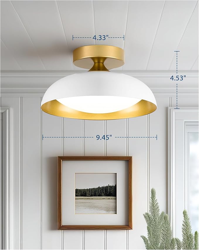 kudos Flush Mount Ceiling Light, 9.5inch LED Ceiling Light Fixture, White and Gold Finish, 12W 600lm Modern Hanging Light Fixtures for Living Room, Bedroom, Hallway, 5CCT Adjustable, KDCL01-WT-S