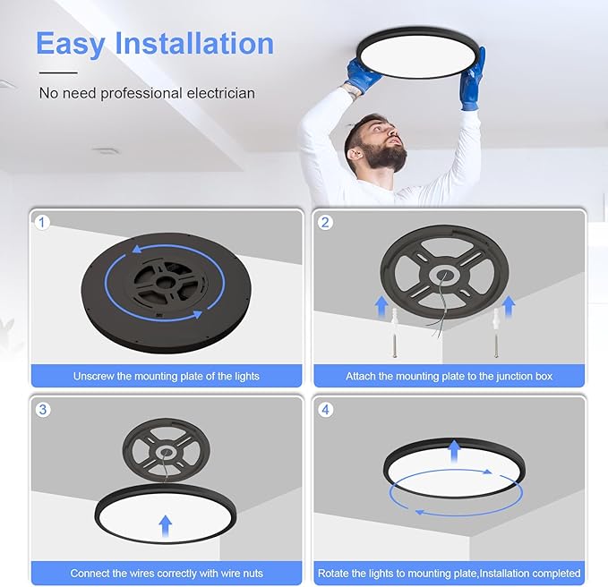 hunhun 4 Pack 15.8 Inch Dimmable LED Flush Mount Ceiling Light 4800LM Round Light Fixture 5 Color Temperature Selectable Large Flat Ceiling Lamp for Living Dining Room Black ETL Listed