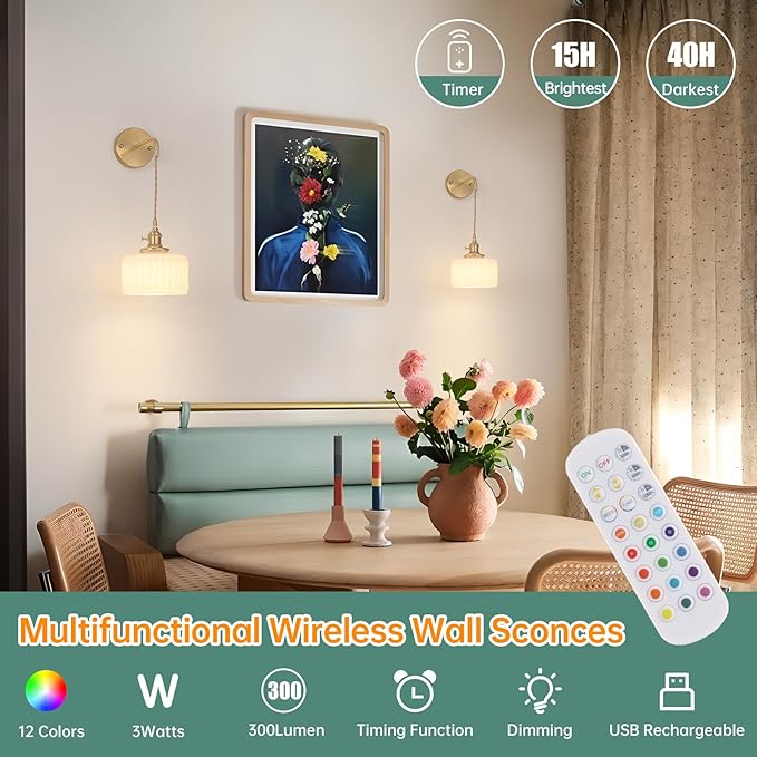 Shenmoyl Battery Operated Wall Sconce with White Striped Shade Pattern Glass Adjustable Chain Retro Gold Wall Mounted Light, Modern Wall Lamp Fixtures Decor for Bedside Bedroom Indoor Doorway
