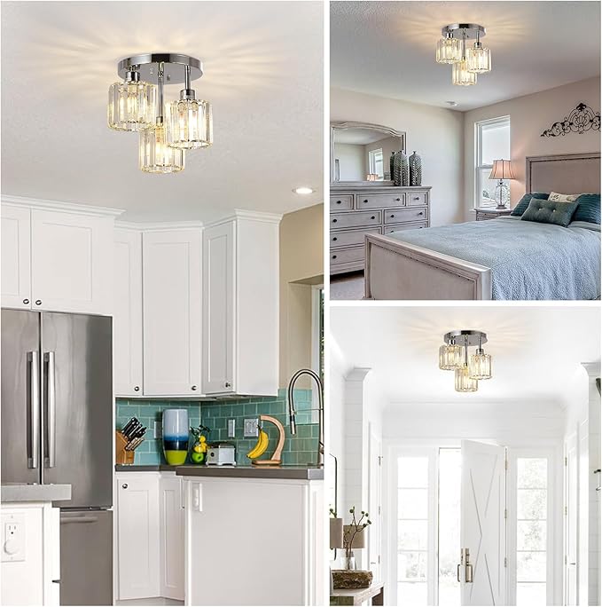 Semi Flush Mount Ceiling Light,3-Light Modern Close to Ceiling Light Fixtures,Kitchen Light with Clear Crystal Shades, Hallway Light Fixtures for Kitchen Entryway Bedroom Bathroom Foyer