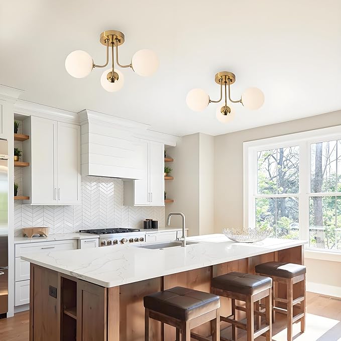 Modern Semi Flush Mount Ceiling Light 3-Light,Globe White Glass Shade Semi Flush Mount Ceiling Light, Sputnik Chandeliers for Bedroom Hallway Dining Room Lighting Fixture