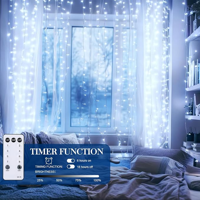 Aurelema 900 LED 30 x 9.5 Ft Christmas Curtain Lights 8 Modes Outdoor Fairy Lights with Remote Plug in Hanging String Fairy Light Waterproof for Bedroom Wall Window Backdrop Wedding Christmas Decor