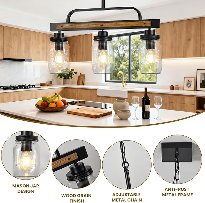 3-Light Farmhouse Dining Room Chandelier, Black Mason Jar Chandelier Lighting Fixture for Kitchen Island, Dining Table, Rustic Linear Cluster Hanging Pendant Light, Faux Wood with Glass Shade