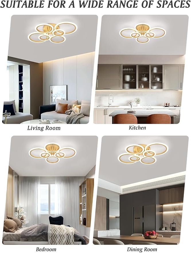 Vikaey Modern LED Flush Mount Ceiling Light, 6 Rings Gold Close to Ceiling Light Fixtures, Living Room Lighting Fixture Ceiling Lamp for Kitchen, Bedroom, Laundry Room, 4000K Not Dimmable