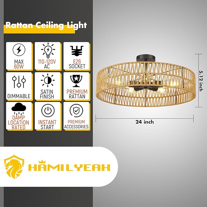Hamilyeah 24 inch Rattan Boho Flush Mount Ceiling Light Fixture with 5 Light,Woven Light Fixtures Ceiling Mount for Living Room, Bedroom, Kitchen
