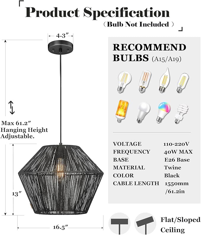 ELYONA 16.5” Large Modern Woven Chandelier Farmhouse Coastal Pendant Light Fixtures Matte Black Handwoven Rattan Basket Shade Boho Pendant Hanging Lamp for Kitchen Dining Room Bedroom Foyer Hallway