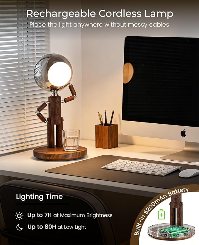Cordless Table Lamp, Rechargeable Wooden Desk Lamp with Touch Control & Stepless Dimming, 3 Color Temperatures, Bedside Lamp for Bedroom Nightstand Office, Home Decor, Unique Gifts, Black Walnut