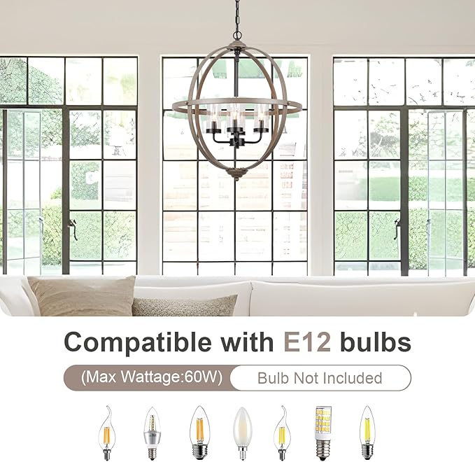 Farmhouse Chandelier, 17" Industrial Rustic Globe Sphere Orb Chandelier Wood Grain, 4-Light for Dining Room Entryway Kitchen Island Foyer