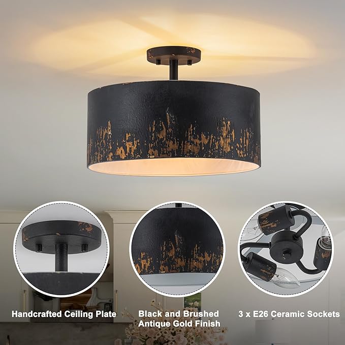 14.96" Modern Vintage Semi Flush Mount Ceiling Light,3-Light Matte Black Ceiling Light Fixture with Hand-Brushed Gold Finish,Dimmable Hallway Light Fixtures for Bedroom,Kitchen,Entryway,Foyer