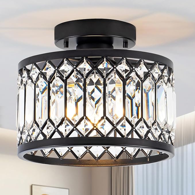 Crystal Black Ceiling Lights 9 Inch Modern Semi Flush Mount Ceiling Light Fixture,Farmhouse Rustic Chandelier for Entryway Porch Aisle Corridor Balcony