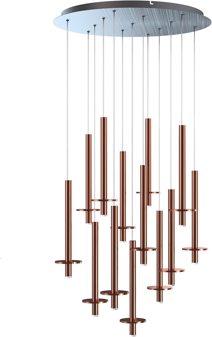 Draco 13 Pendant Lighting Copper – LED Hanging Light Fixture for Kitchen Island, Bar, Foyer – Equilateral Cluster of Mini Metal Rod Pipe Tube Cylinders – Dimmable, Adjustable Wire, Lamp Bulb Included