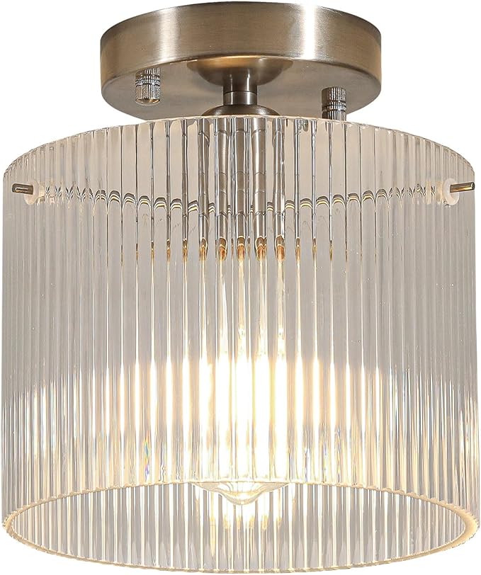 Modern Semi Flush Mount Ceiling Light, Industrial Clear Glass Ceiling Light Fixture, Crystal Ceiling Lamp, Modern Ceiling Lamps, Farmhouse Light for Entryway Hallway Kitchen Dining Room, Nickel