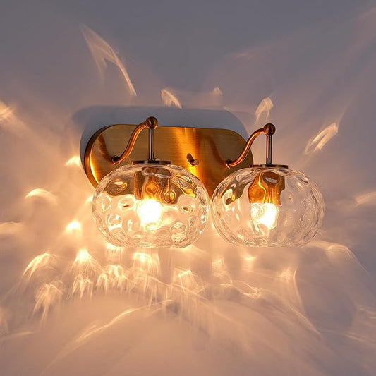 Brushed Gold Vanity Light Clear Hammered Glass Wall Sconce 2-Light Brass Wall Lamp for Hallway Living Room Stairwell Bathroom Over Mirror