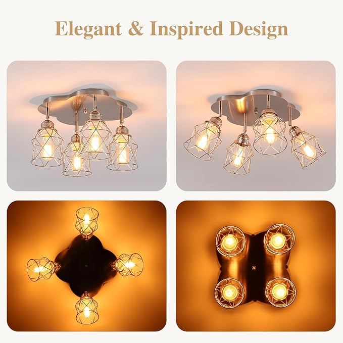 4-Lights Kitchen Light Fixtures Ceiling Mount, Adjustable Multi-Directional Brushed Nickel Flush Mount Ceiling Light, Vintage Metal Cage Farmhouse Lamp for Hallway, Dining Room, Foyer, Entryway