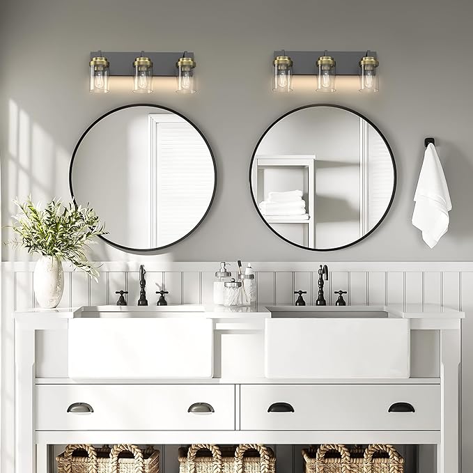 Espird Bathroom Lighting Fixtures, 3-Light Bathroom Vanity Lights Over Mirror, Black and Gold Vanity Light with Glass Shade, Modern Vanity Lighting Fixtures for Bathroom, Bedroom, Hallway